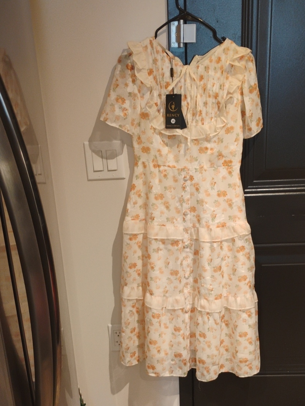 Floral Ruffle Midi Dress in Cream and Peach